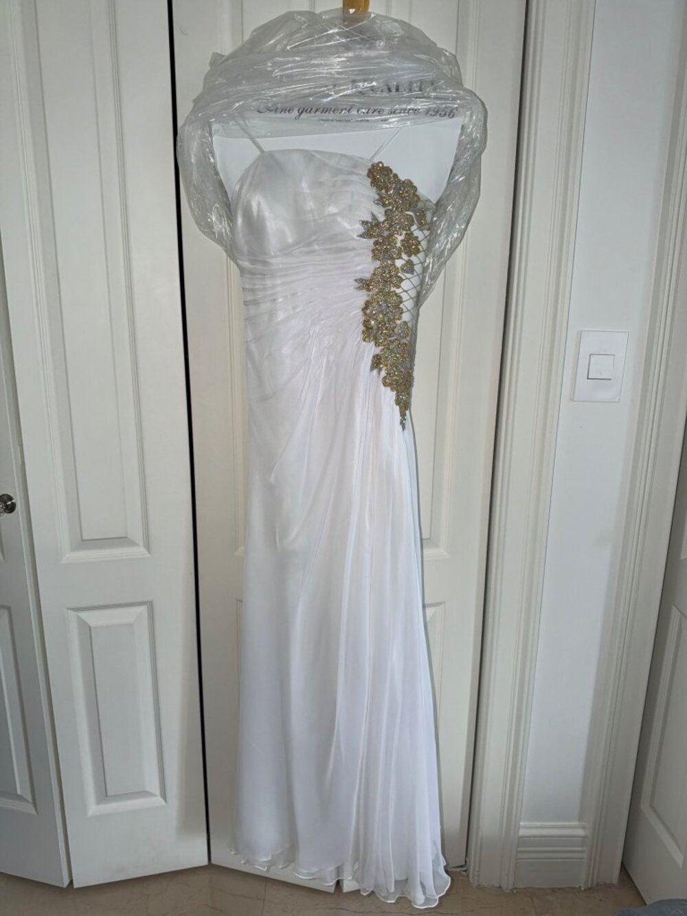 La Femme White Gold Beaded One Shoulder Formal Gown Size 2